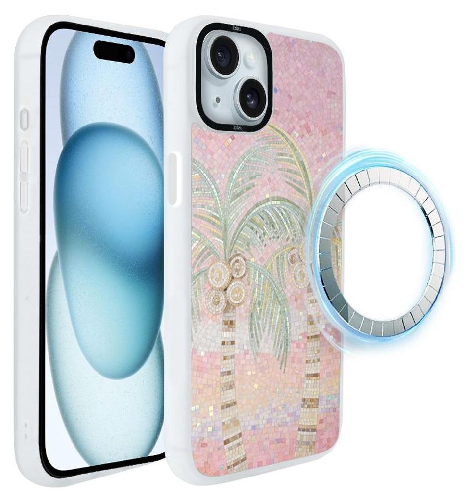 Schutzhülle für das iPhone 15, MagSafe-kompatibel, mattweiße Seiten, Palmen, Pastelltöne, Mosaik