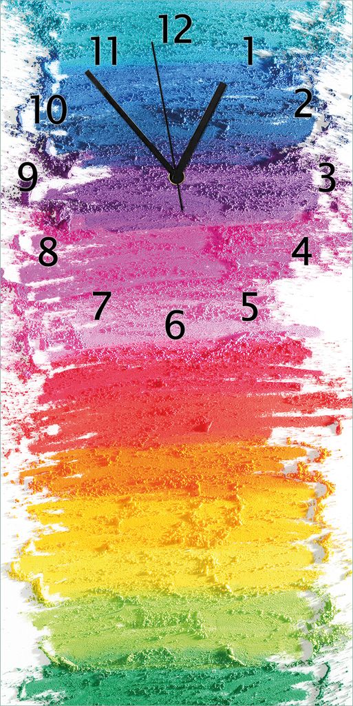 Wallario Design Wanduhr bedruckt, Größe 30 x 60 cm, Motiv: Regenbogenstreifen auf weißem Hintergrund - Bunter Anstrich