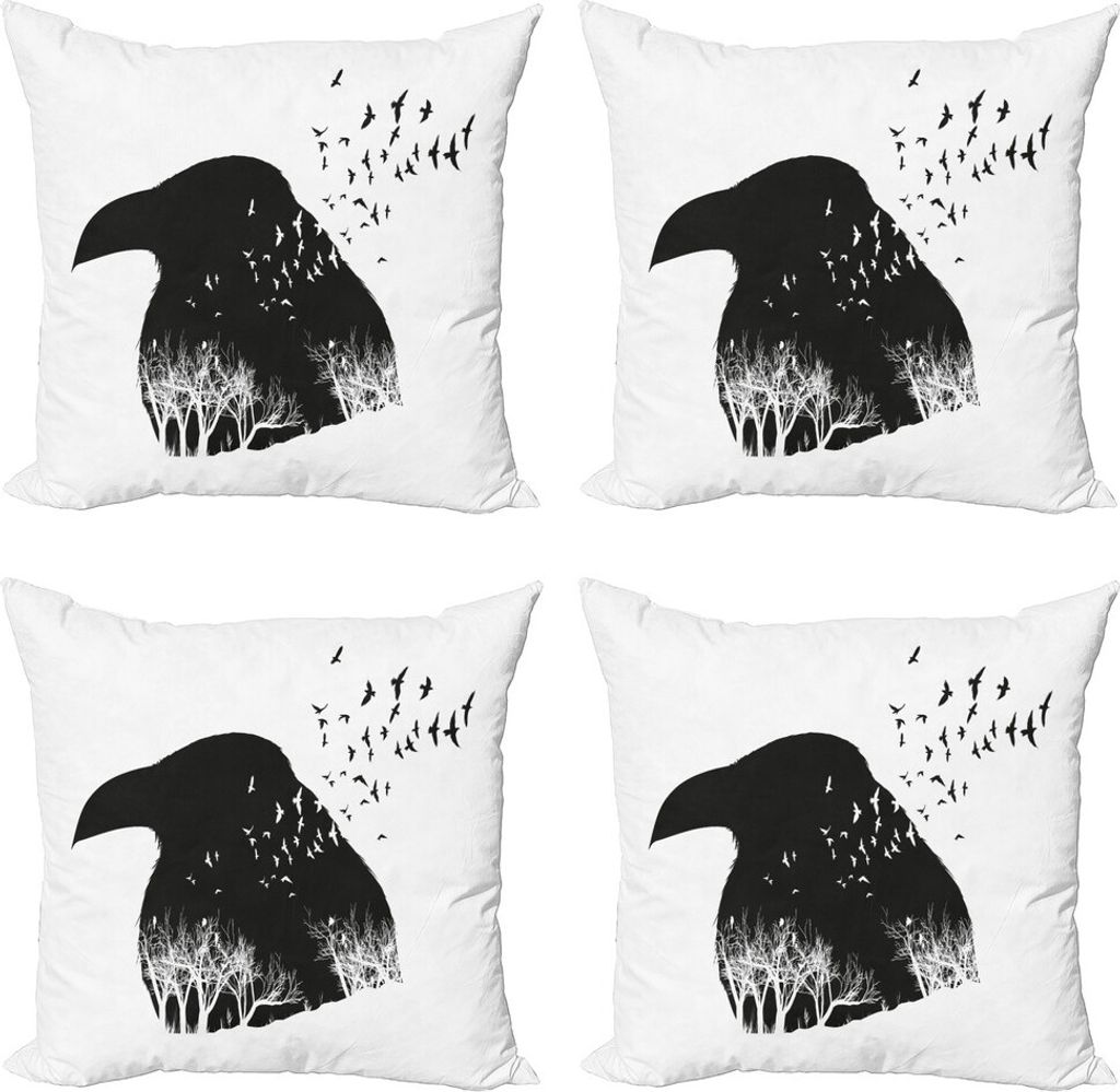 ABAKUHAUS Schwarze Krähe Kissenbezug Set (4 Stück), Gothic Double Exposure, Moderner Doppelseitiger Digitaldruck, 50 cm x 50 cm, Charcoal Grau Weiß