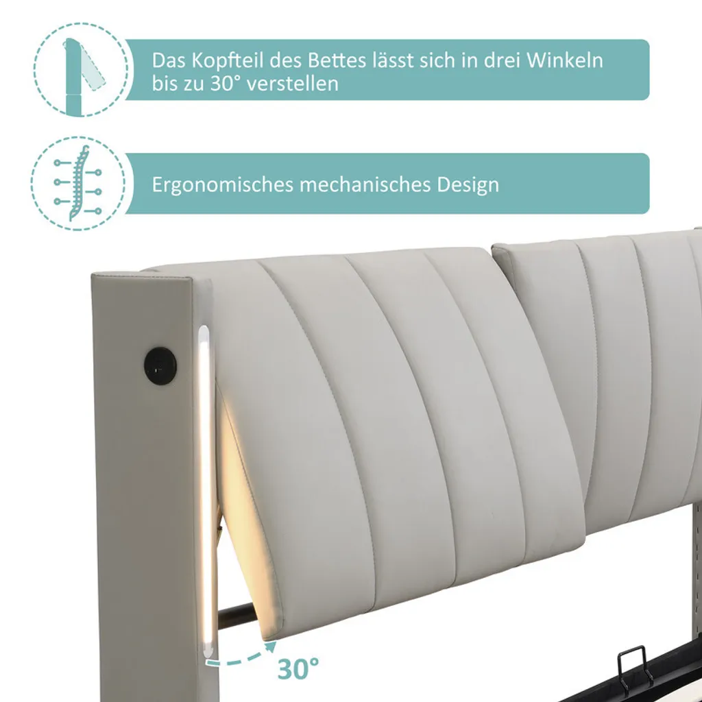 Lit Boxspring 140x200cm Gris Hydraulique avec LED et Prises USB Intégrées - 3