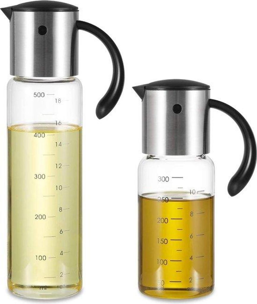 Öl- und Essigspender aus Borosilikatglas, BPA-frei, mit automatischem Verschluss, tropffrei, auslaufsicher, hitzebeständig, mit Markierungen