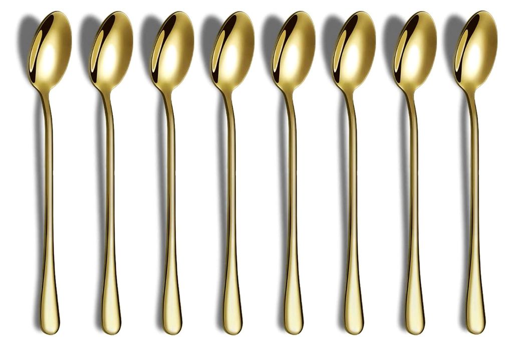 Goldener Löffel mit langem Griff, Kaffeerührer, Edelstahl-Kaffeelöffel, Eislöffel, Cocktail-Rührlöffel, Teelöffel, 8er-Set
