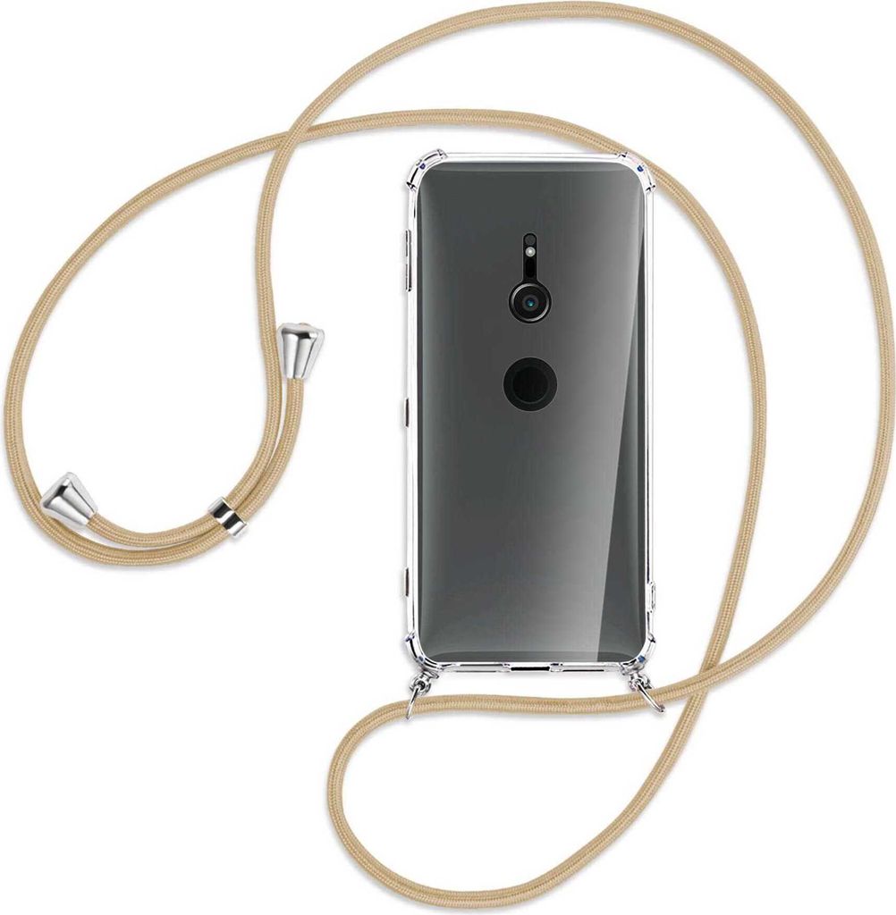 Handykette Backcover-Schutzhülle mit Band (Metall silberfarben) für Sony Xperia XZ2 - caramel