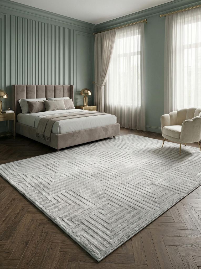 Kurzflorteppich 3D-Effekt Pflegeleicht Waschbar Strapazierfähig | Silber 120x170 cm Wohnzimmer Fußbodenheizung | ILLER – Kadima Design