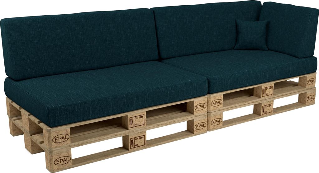 A dark green sectional sofa made from wooden pallets.