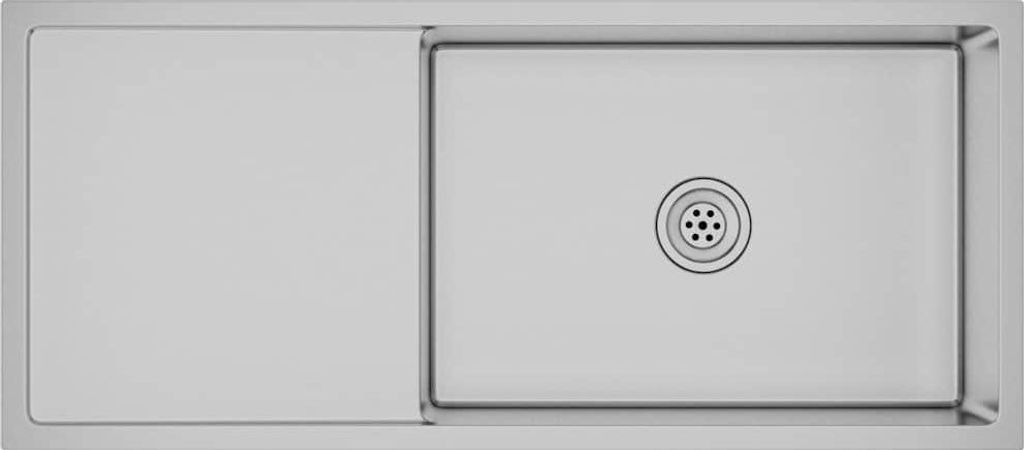 A top-down view of a stainless steel sink with a drain.
