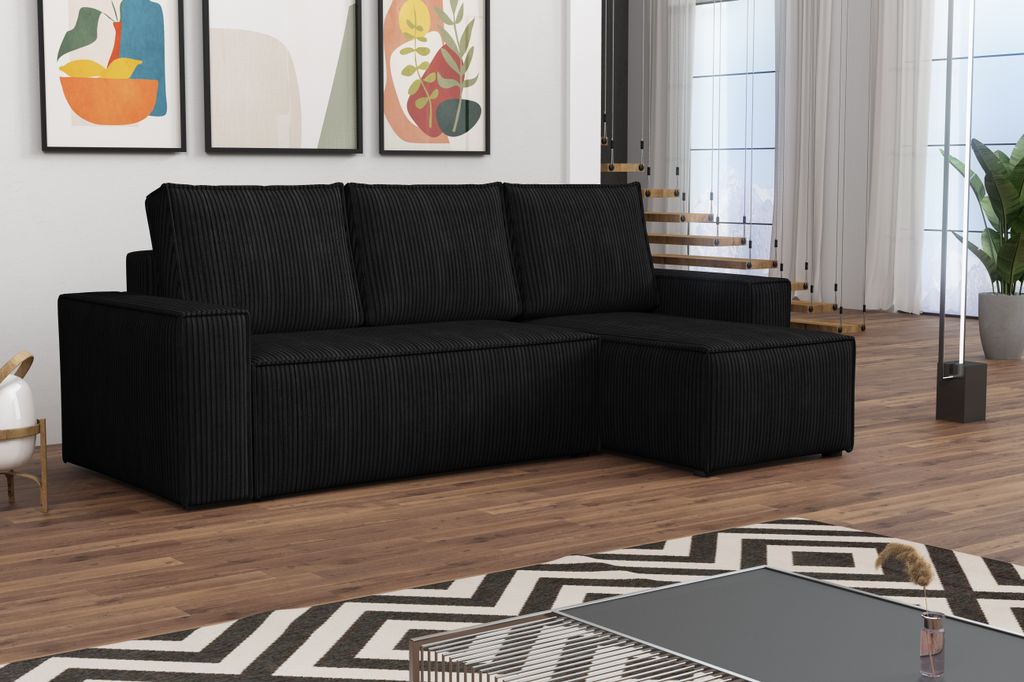 MR GROUP Ecksofa L Form Bergamo 240 x 142 cm mit Schlaffunktion und Bettkasten Couch Cord Schlafsofa Schlafcouch Sofa universale Seite, schwarz