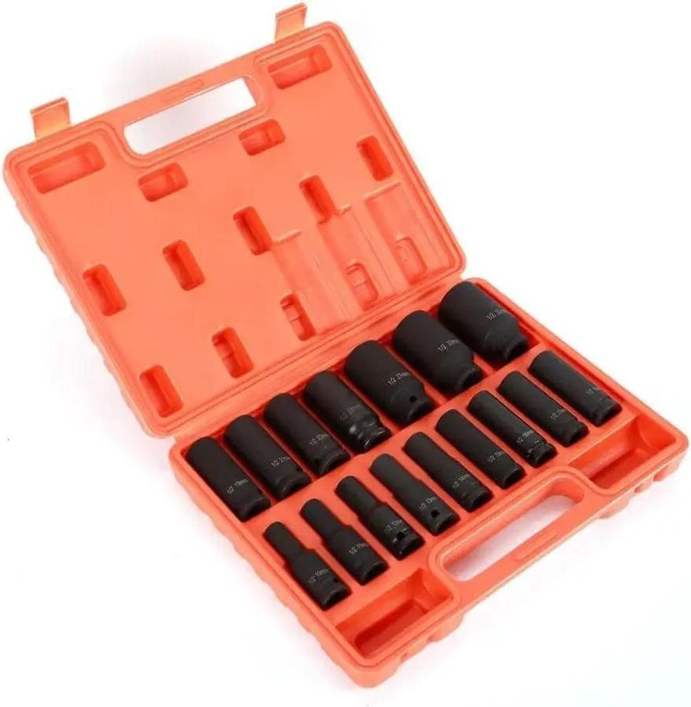 Steckschlüsselsatz - Lange Schlagschrauber-Nüsse 16-tlg. - 1,27 cm Vierkant - 10–32 mm - CR‐Mo Stahl - Länge ca. 78 mm - Schwarz