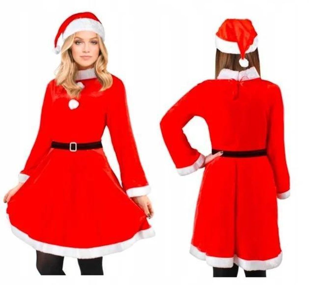 Nikolaus-Kostuem Damen Mrs Santa Kleid-Set 3teilig mit Muetze und Guertel Weihnachtskostuem fuer Advent Party Fotoshooting Event