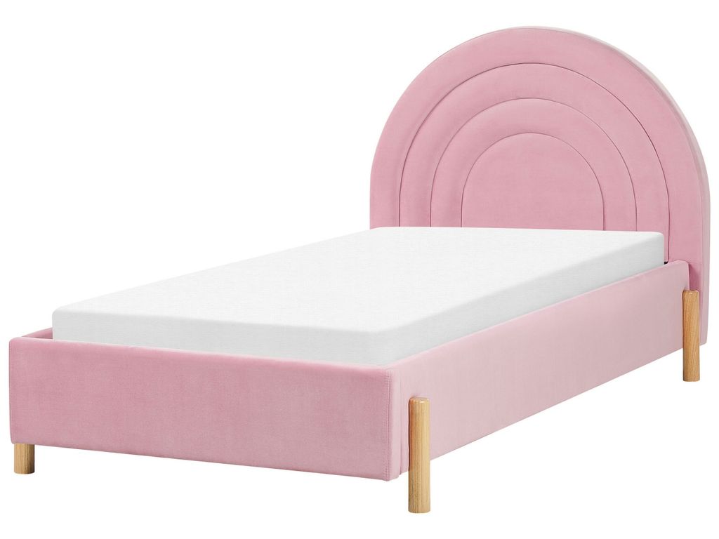 BELIANI Bett Rosa Samt Gepolstert Lattenrost 90 x 200 cm Hohes Rundes Kopfteil Retro Schlafzimmer Möbel Ausstattung