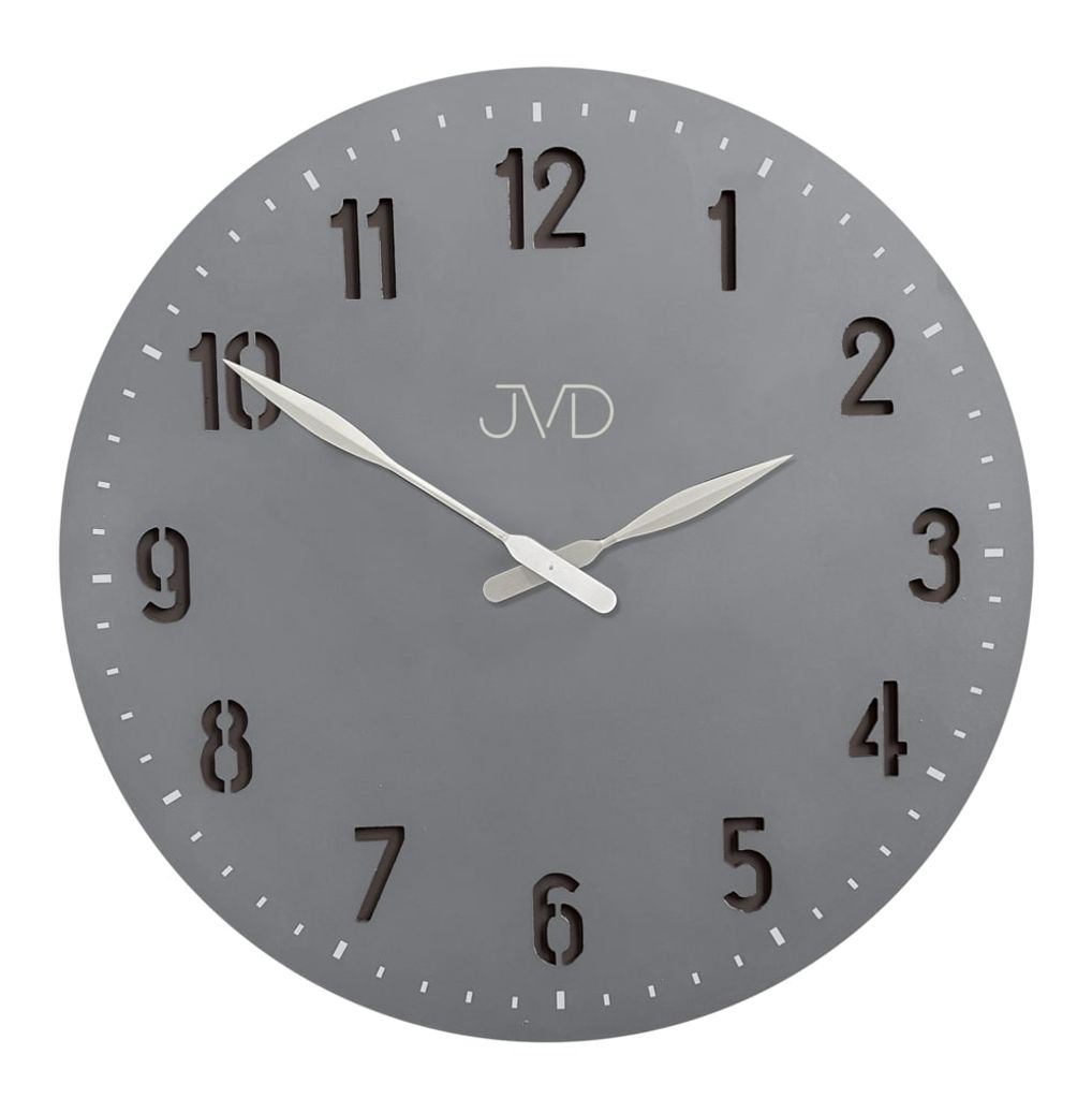 A gray analog wall clock with white hands and black numbers.