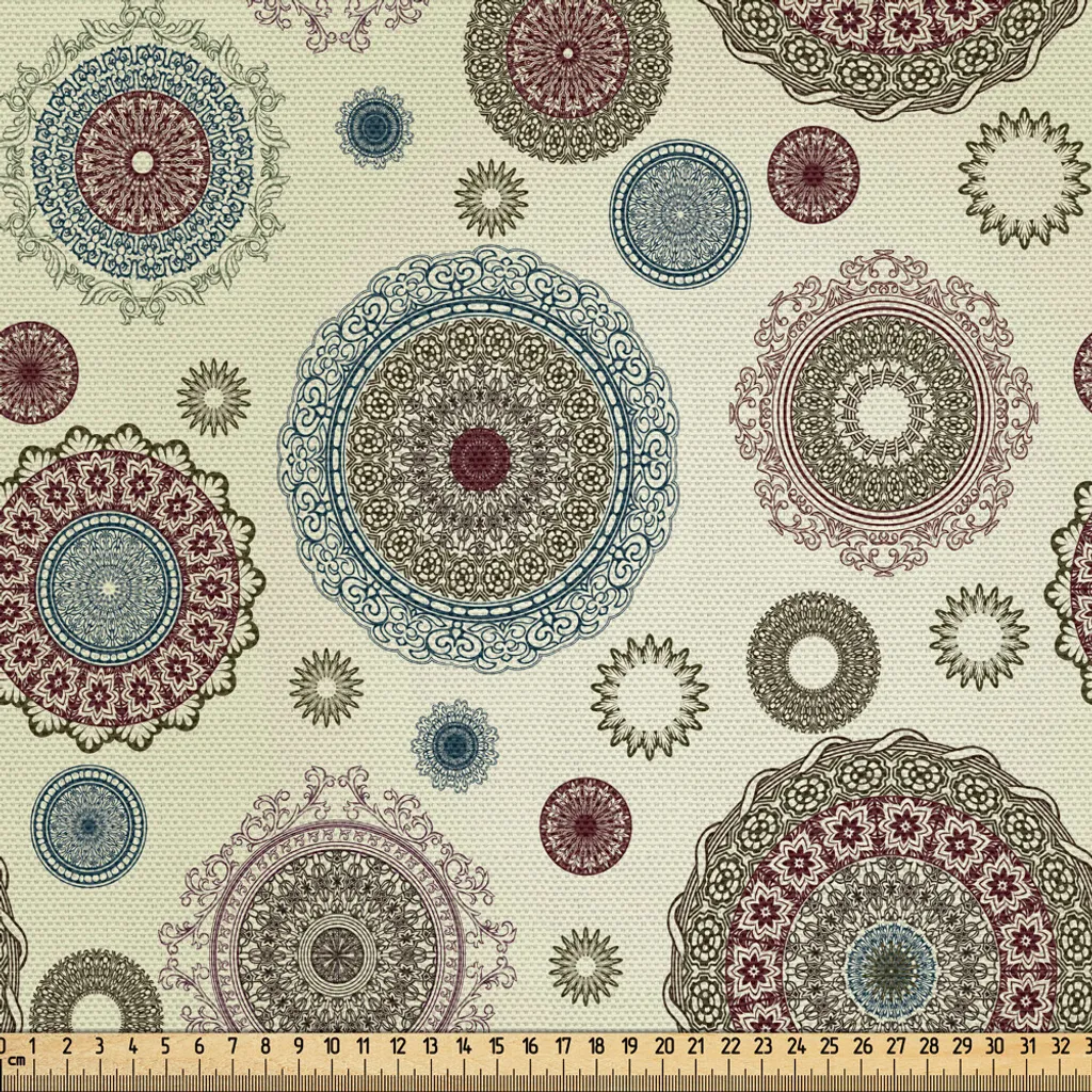 ABAKUHAUS Tissu au mètre beige motifs ronds vintage rétro 148x300cm