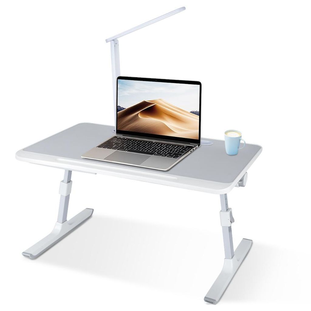 Faltbar Kompakter Computertisch mit LED-Tischlampe& USB,Kleiner Schreibtisch Lerntisch für Bett Sofa 60x40x27-40cm Höhenverstellbarer (Grau)