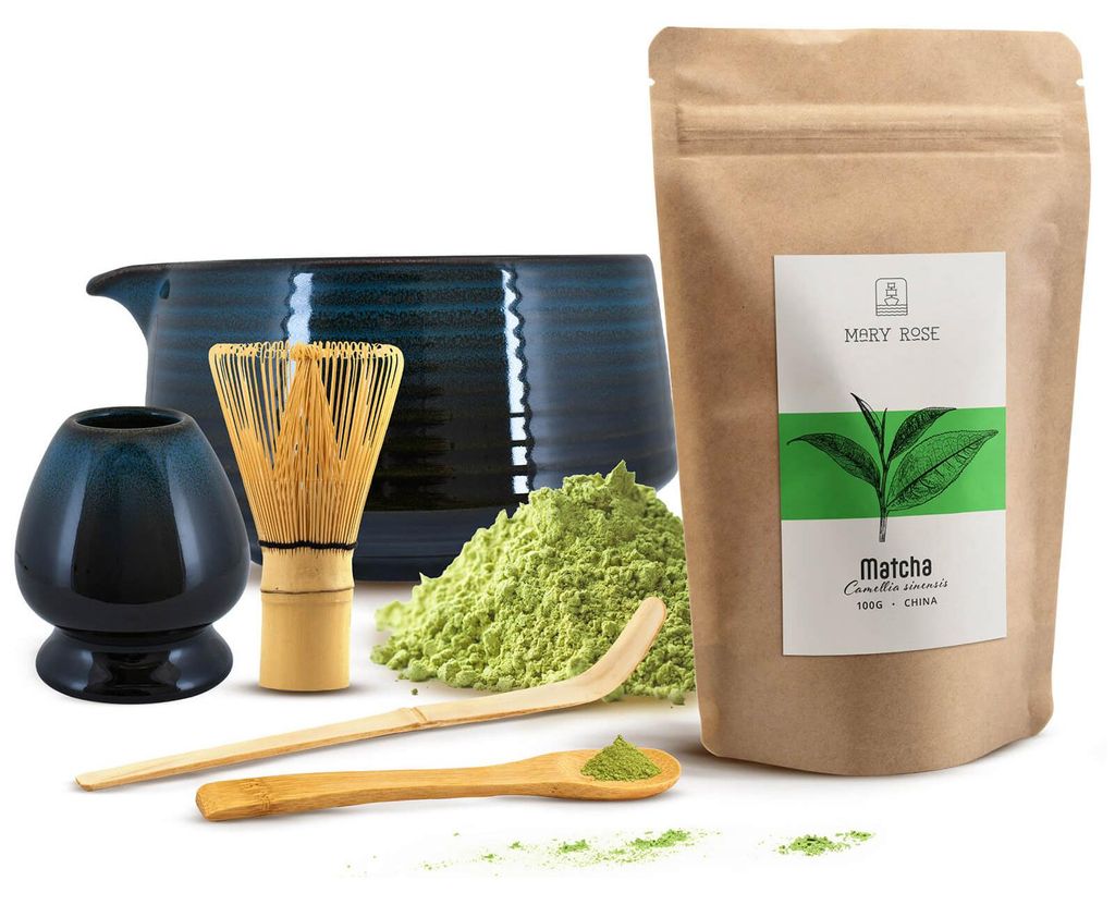 Mary Rose - Matcha Tee Set Pulver 100g - Dunkelblaue Keramik Schale Ame 440ml Mit Ausguss - Kusenaoshi Halter - Bambus Chasen Besen