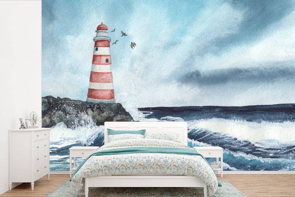 MuchoWow Fototapete für Wohnzimmer oder Schlafzimmer Wandtapete Vinyl Motivtapete Leuchtturm - Meer - Golf - 525x350 cm - Das Hintergrundbild
