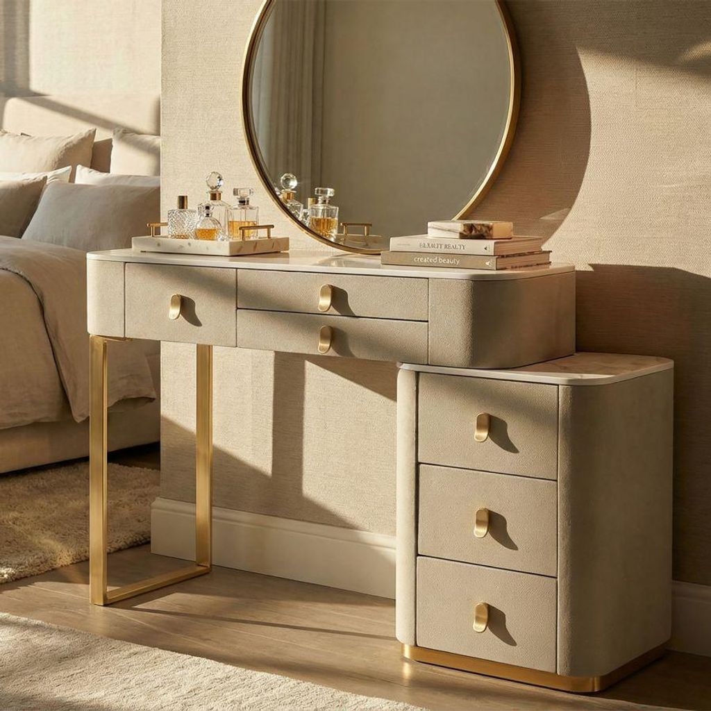 Mobile da camera in legno e tessuto beige con 6 cassetti cm Immagine del prodotto 