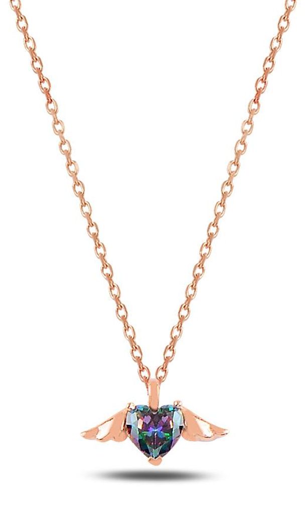 Halskette 925 Silber Rosegold – Herz-Anhänger mit mystischem Topas & Flügeln