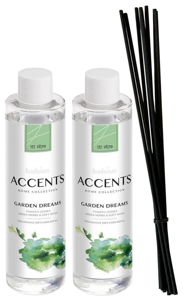 Bolsius Accents – Nachfüllpackung für Duftstäbchen – 2 x 200 ml Garden Dreams – Enthält 8 Faserduftstäbchen