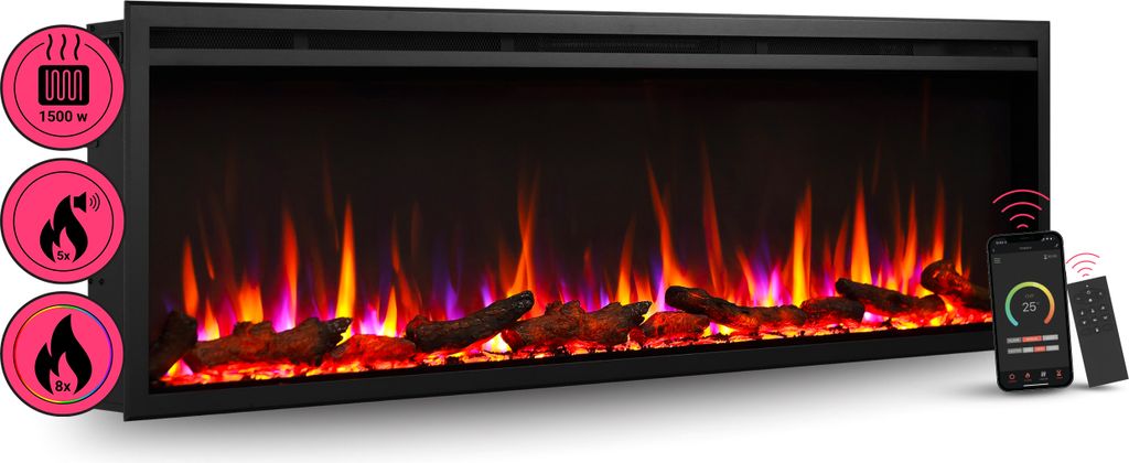 BALDERIA Elektrokamin Atalanta 60" | Einbaukamin, 3D-Flammeneffekt,Ambientebeleuchtung, Heizung 1500W, App, Knistereffekt, Timer, Thermostat | Schwarz