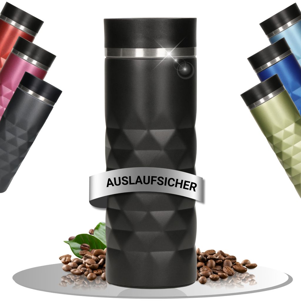 Edelstahl Thermobecher mit Push-Button 450 ml - auslaufsicherer Verschluss für heiß & kalt - ideal für unterwegs - Schwarz