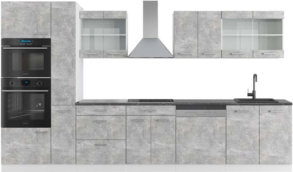 Küchenzeile Vicco R-Line Beton/Weiß 350 cm mit Hochschrank, Produktbild 