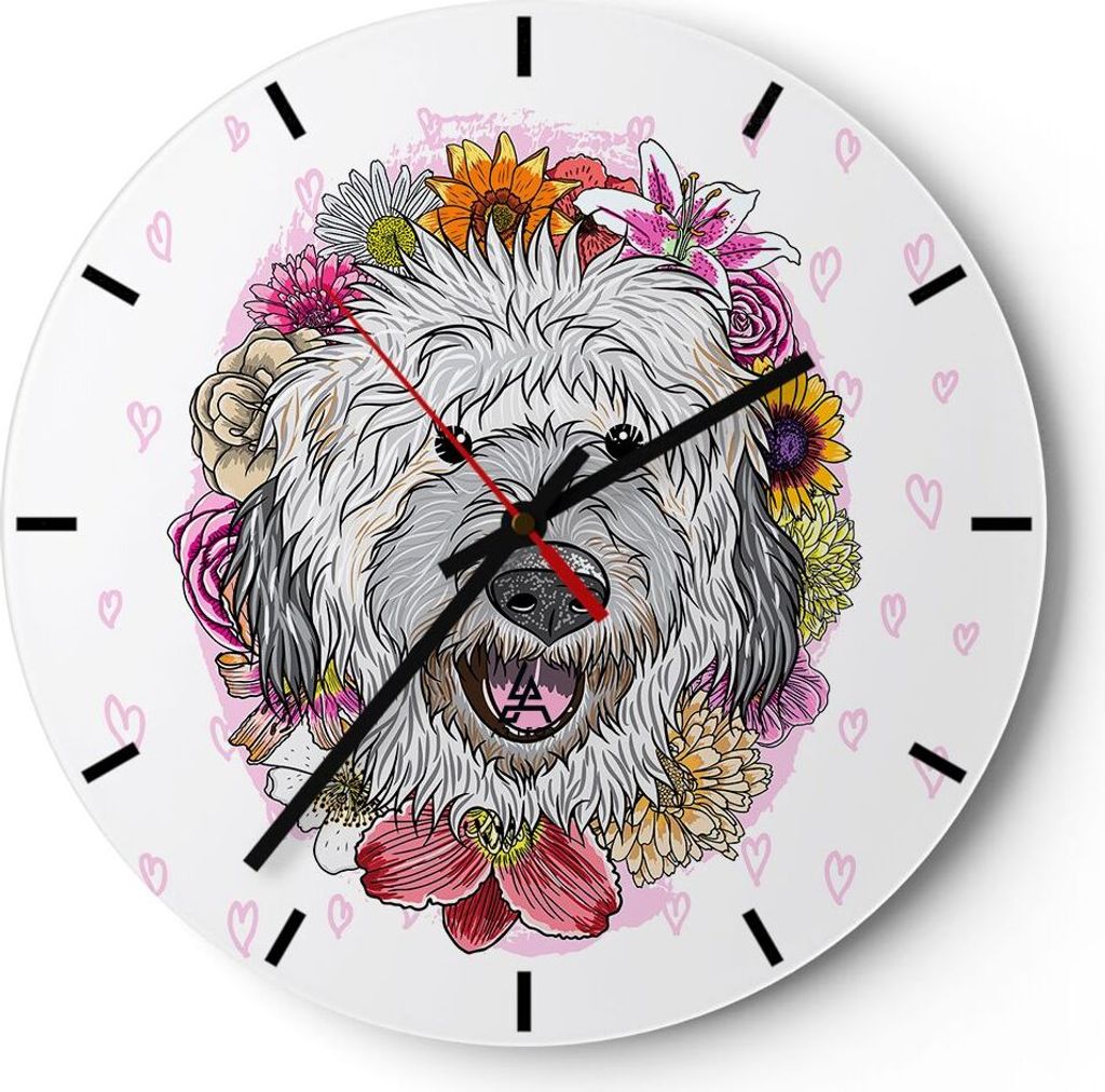 Wanduhr - Rund - Glasuhr - Hund Blumen Kinder exotische - 30x30cm - Schleichendes Uhrwerk - Lautlos - zum Aufhängen bereit - Dekoration Modern - W...