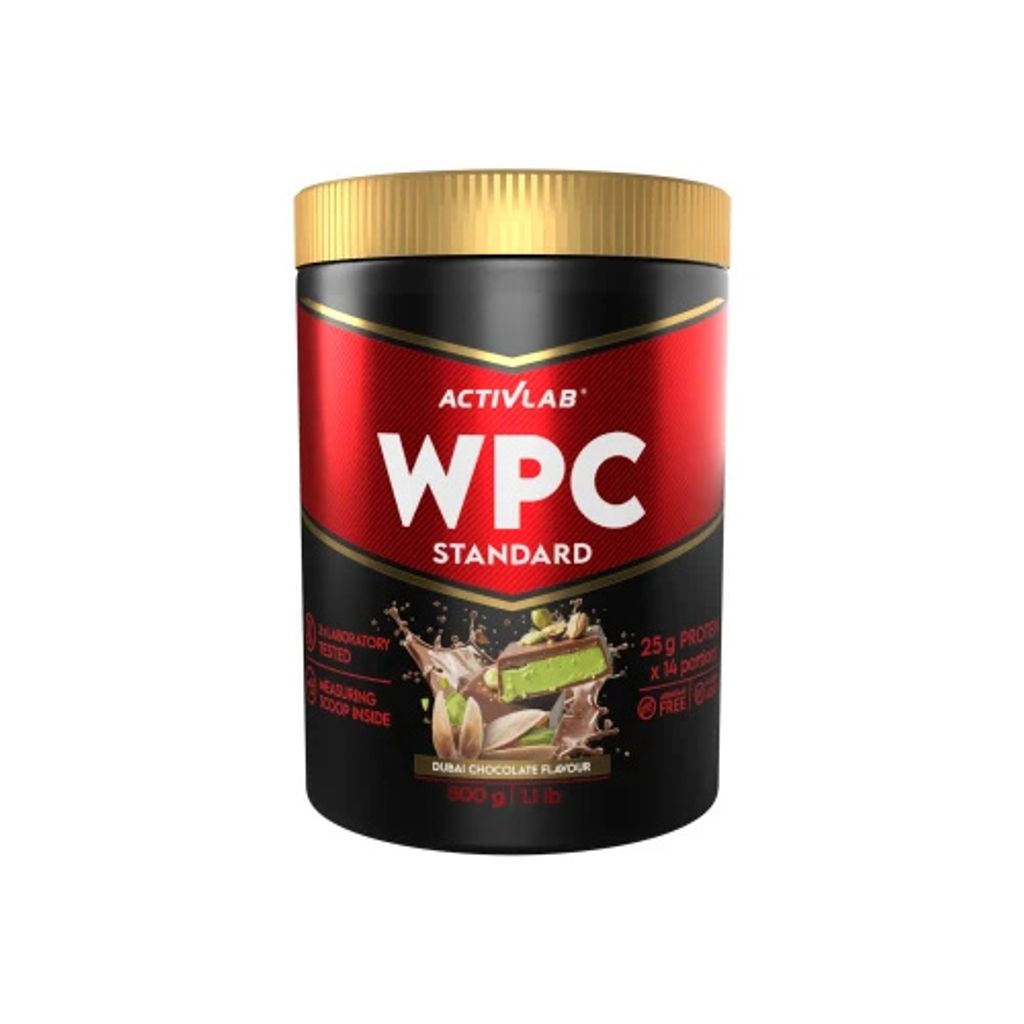 A product shot of a black and red tub of Activlab WPC Standard protein powder with a gold lid.