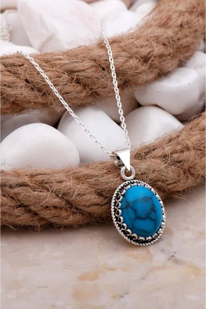 Pendentif turquoise véritable et argent 925 ciselé main en Telkari