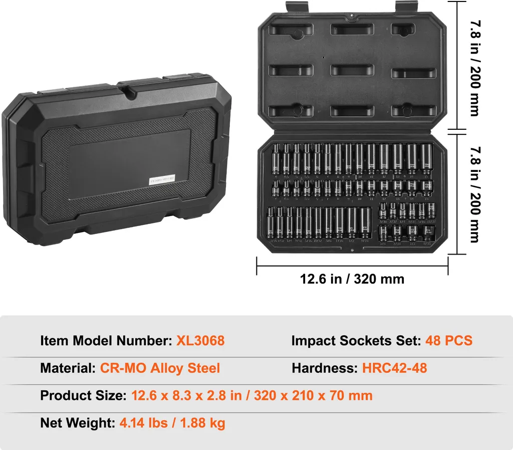 SucceBuy Set di bussole a percussione da 1/4 di pollice, 48 pezzi, profonde e superficiali, SAE 3/16-9/16 di pollice e metriche 4-15 mm, acciaio legato Cr-Mo a 6 punte per riparazioni auto, marcature chiare delle dimensioni - 7