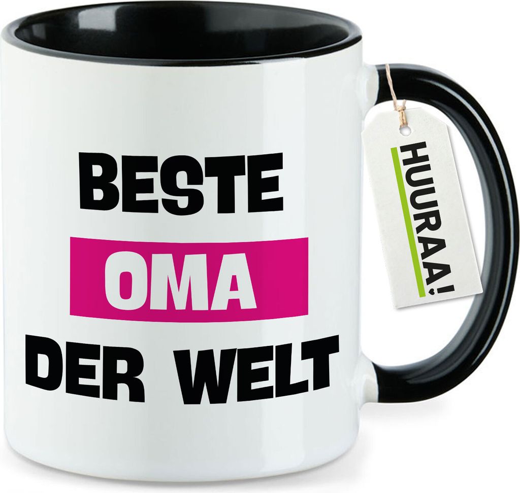 Huuraa Kaffeetasse Beste Oma der Welt 330ml Schwarz Keramik Kaffeebecher Geschenkidee