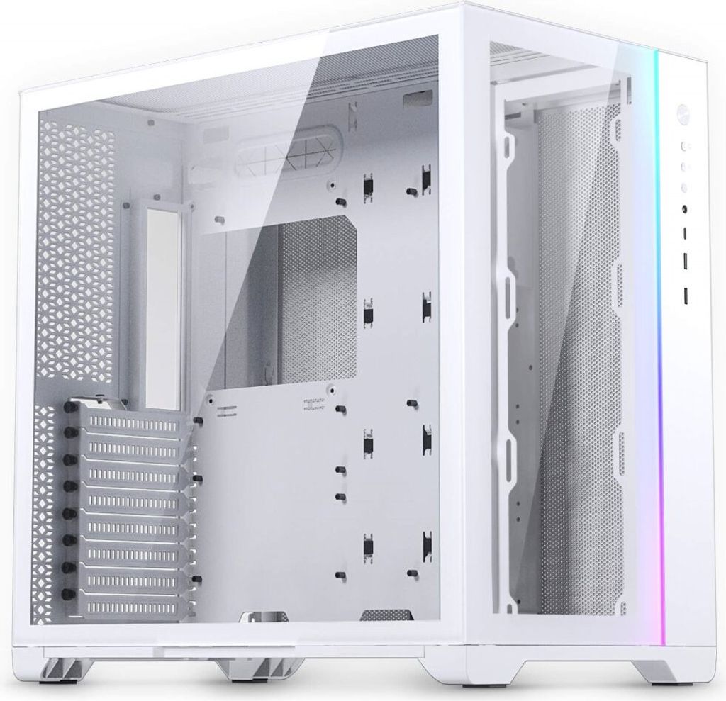 A white mid-tower PC case with glass panels and RGB lighting on the side.
