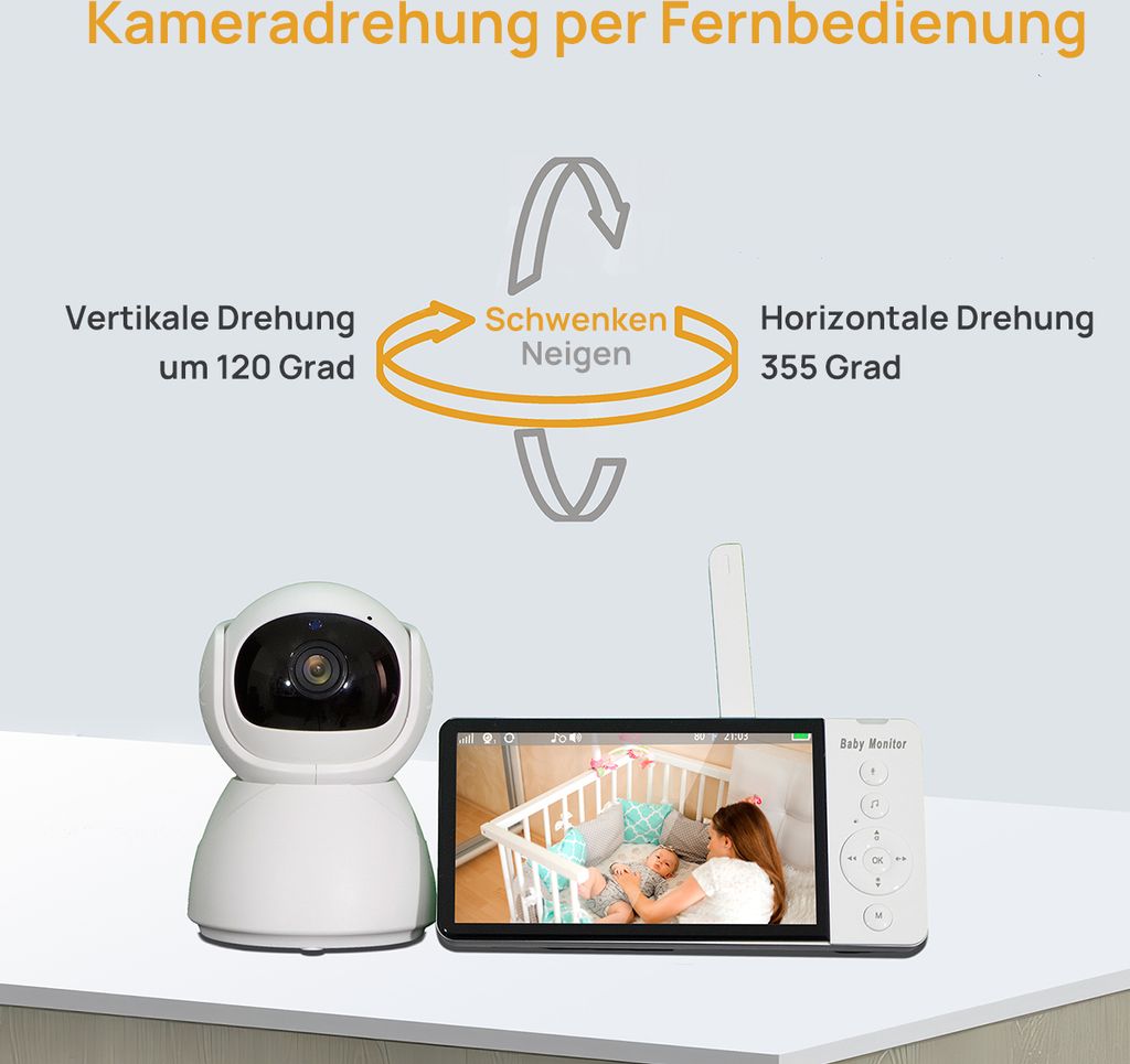 GHB Babyphone Kamera 5,0 Zoll LCD 720P Kamera 350° Drehbar Unterstützt 4 Kameras Video Baby Uberwachung 24 Ghz Temperatursensor