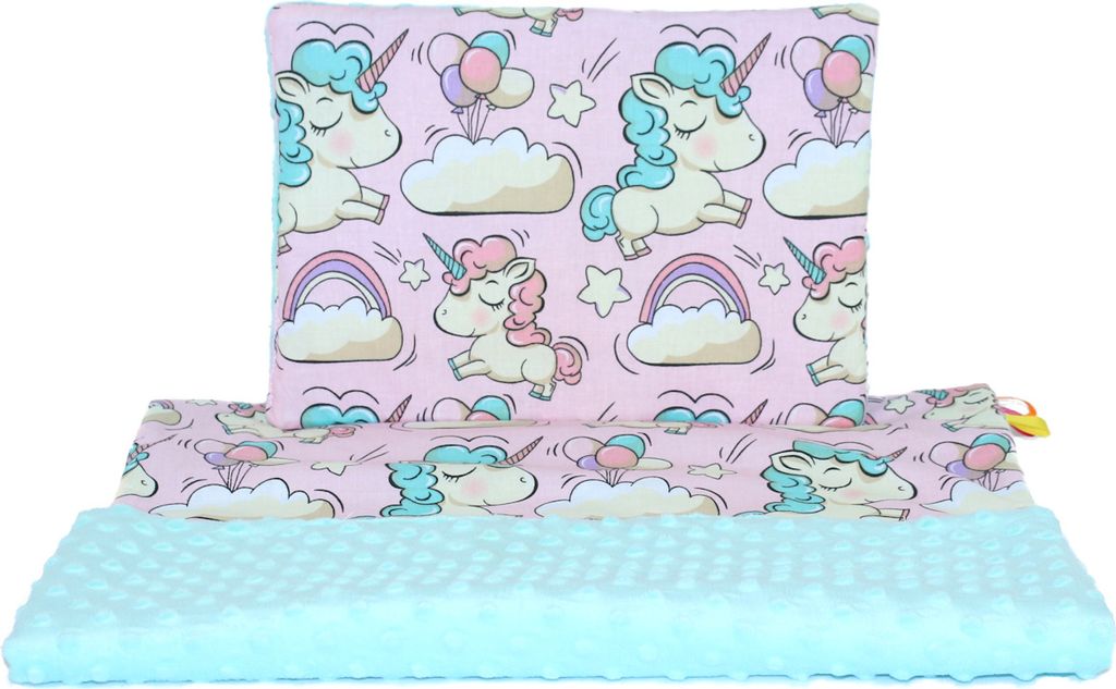 Minky Baby Kinderwagenset Kuscheldecke Kinder Decke Kissen 50 x70 cm 24. Einhorn + Minze
