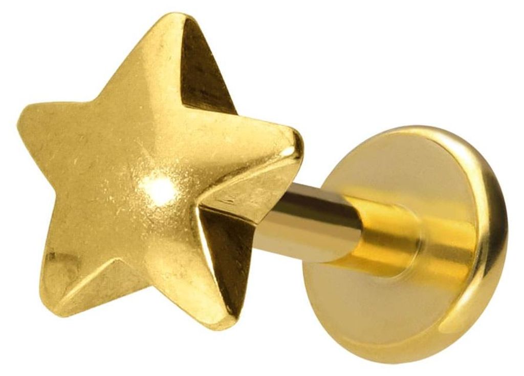 Ohrpiercing, Nasenpiercing Titan Labret mit Innengewinde STERN Gold Stablänge: 8mm | Stabstärke: 1,2mm