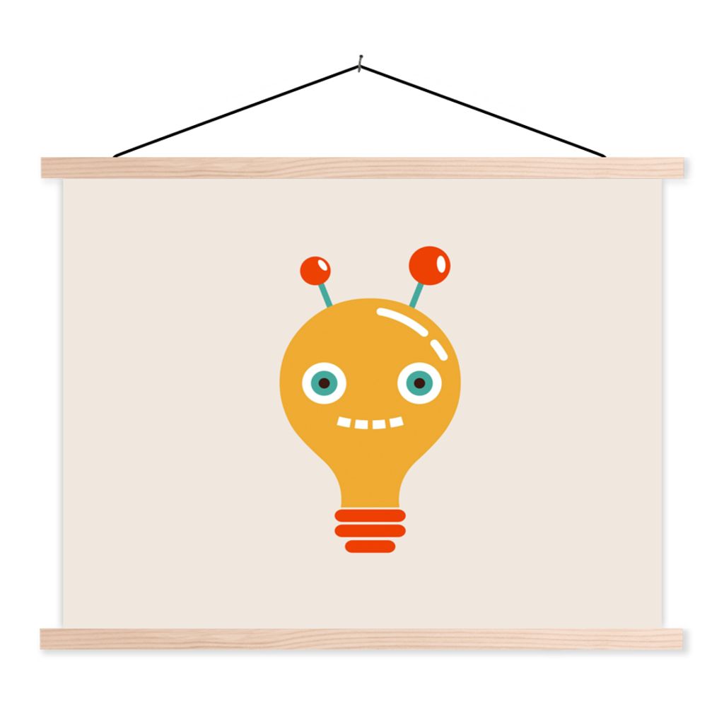 MuchoWow Textilposter Roboter - Glühbirne - Gesicht - Antenne - Kinder 60x45 cm mit holzfarbenen Rahmen - Bild