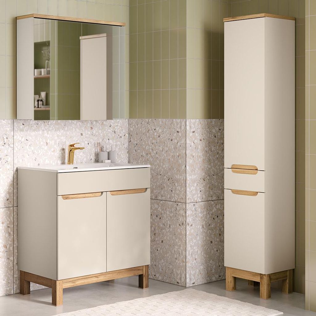 Badmöbel-Set 3-teilig mit 80 cm Waschtisch & Spiegelschrank in kaschmir und Eiche, modern grifflos - SOLNA-56-CASHMERE
