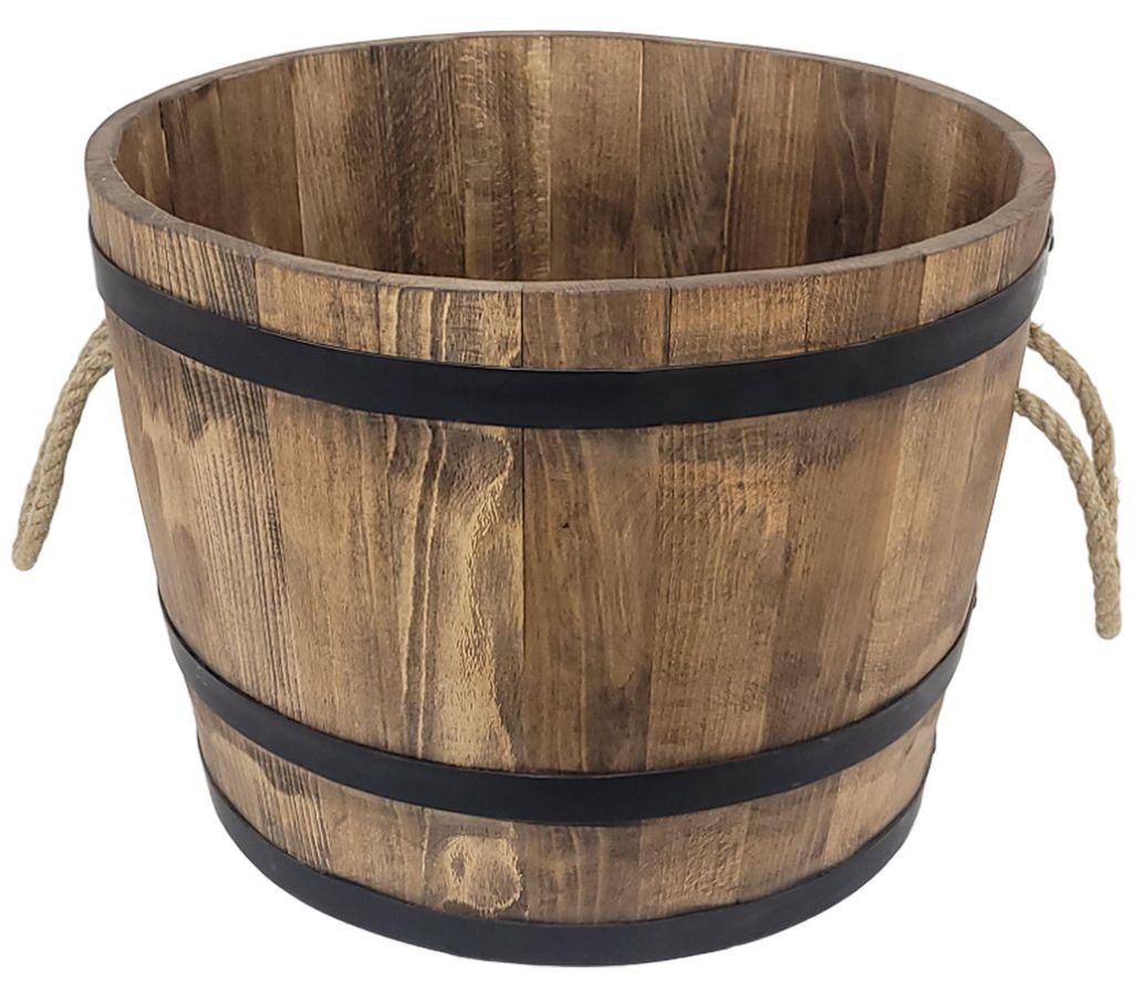 Großer Holztopf 50x40. Topf aus Erlenholz mit Metallrändern. Für das Wohnzimmer oder die Terrasse.