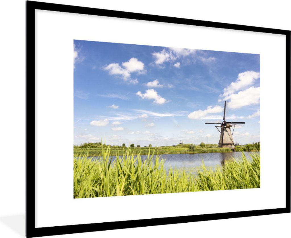 MuchoWow Gerahmtes Poster Holländische Windmühle in Kinderdijk 90x60 cm - Poster mit Schwarzem Bilderrahmen Wandposter Rahmen Foto Bilder - Wan...