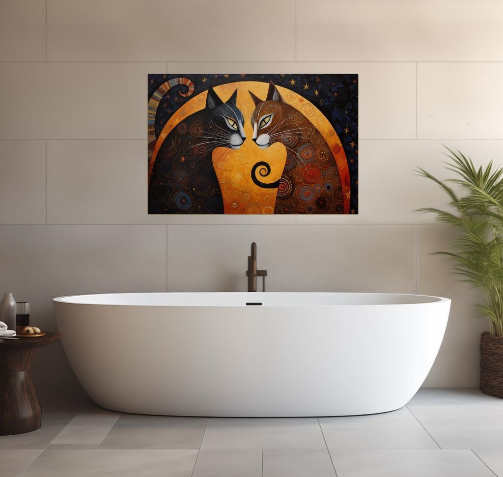 Wallario wasserfestes Poster selbstklebend 91,50 x 61 cm, Katzen im Mondlicht, Badezimmerposter Spritzschutz mit Hochglanzoberfläche in Glasoptik
