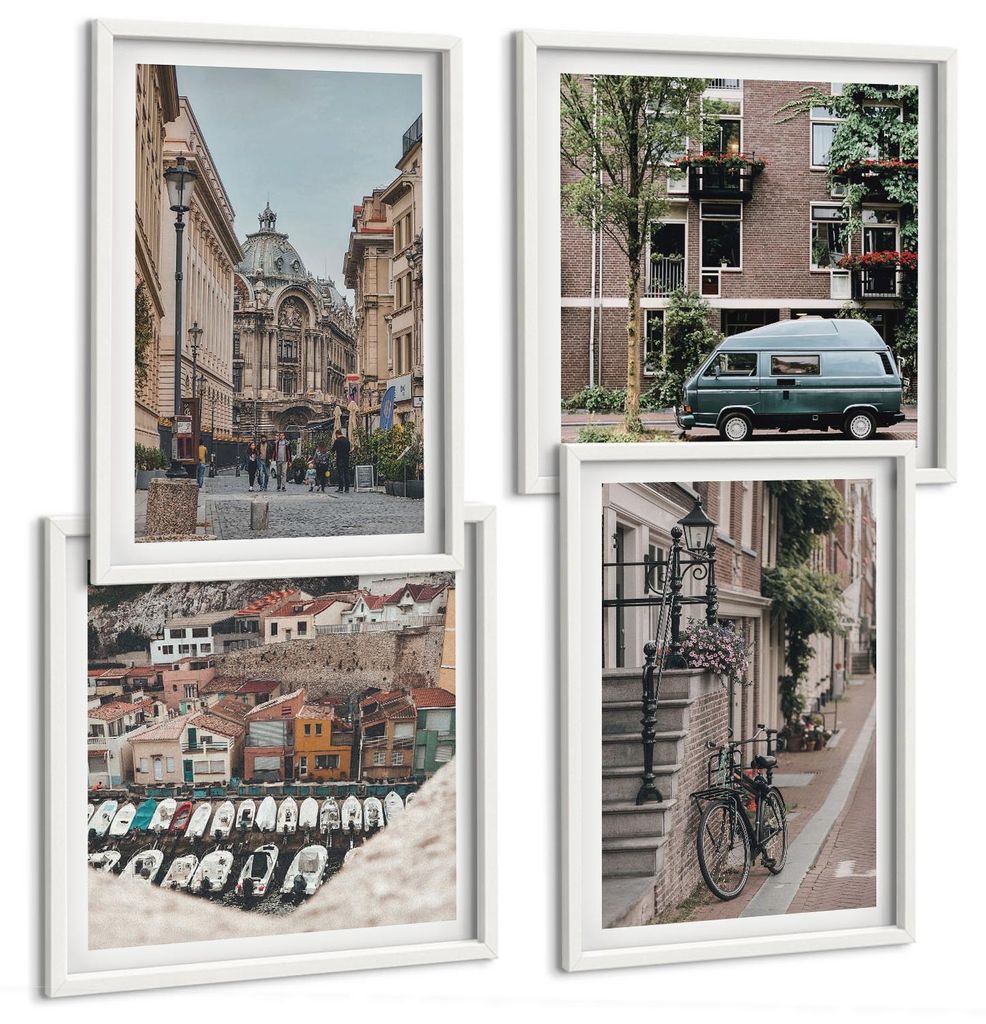 Bilder Set 4-teilig im weißen Rahmen – Wandbilder 4 Stück – gerahmte Poster für Wohnzimmer, Schlafzimmer und Flur – 50x50 cm - 40x60 cm ...