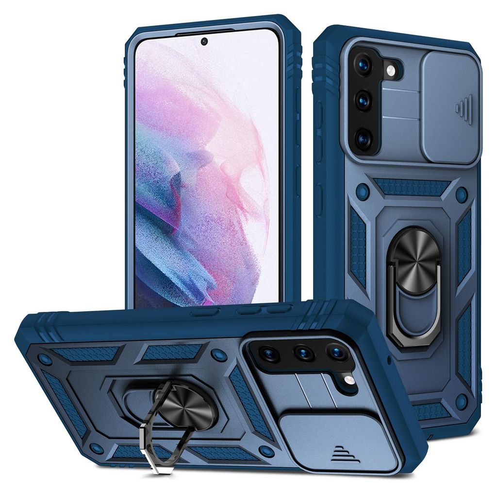 Galaxy S21 FE 5G Hülle, Schiebe Kamera Schutz Robust Rüstung Stoßfest Schutzhülle mit Ringhalterung Ständer Kartenhalter für Samsung Galaxy S...