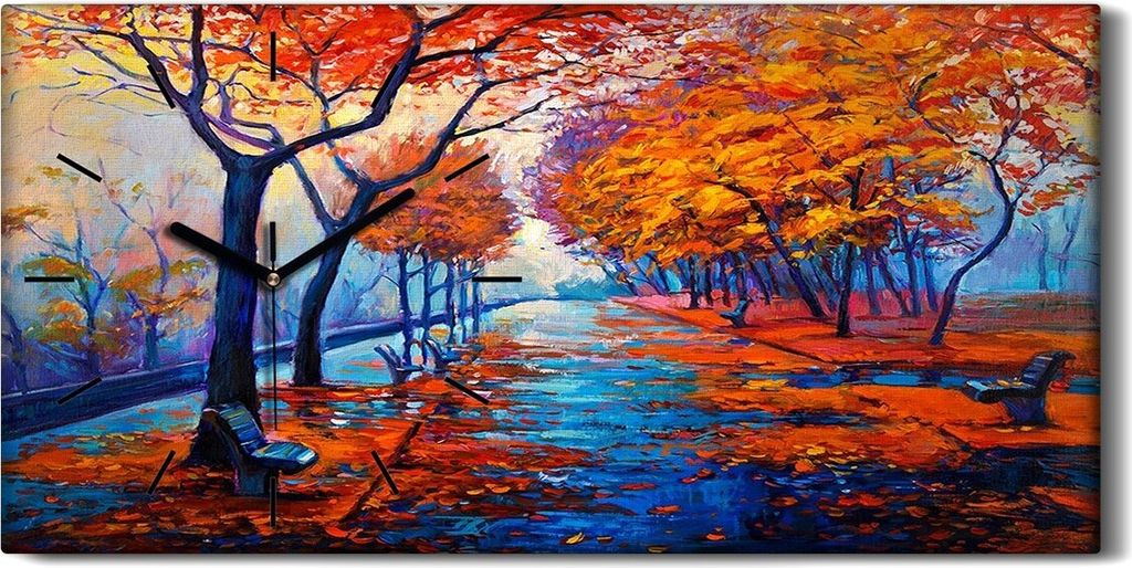 Leinwand Uhr Küche Wohnzimmer Bild 60x30 Malen von Park Bäumen Herbst Blätter - schwarze Hände