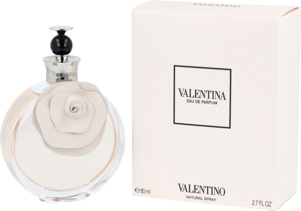 A bottle of Valentino Valentina Eau de Parfum and its packaging are displayed side-by-side against a white background.