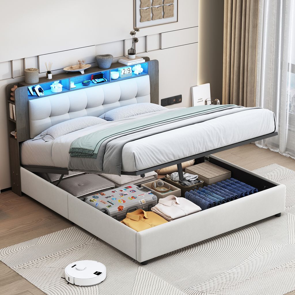 160 x 200 cm großes Bett mit kabelloser Ladefunktion und LED-Beleuchtung, Stauraumbett, Bettgestell mit Lattenrost und Kopfteil, Doppelbett, Samt,...
