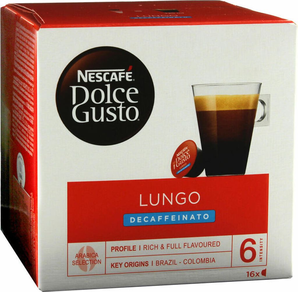 A box of Nescafé Dolce Gusto Lungo decaffeinato coffee capsules.