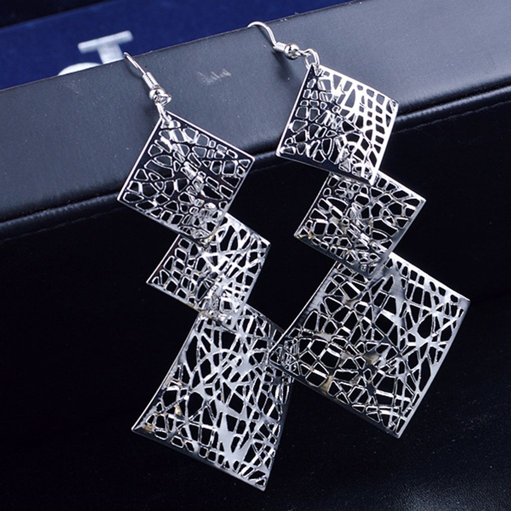 Lange baumelnde Ohrringe mit Haken, quadratisch, hohl, für Damen, Party, Abschlussball, Modeschmuck-Silber