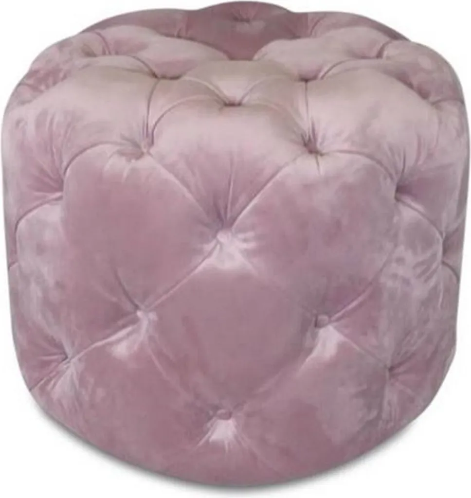 Tabouret en Velours Rose Capitonnage Chesterfield - Meuble Luxueux Rond