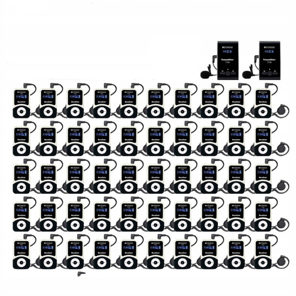 A collection of wireless tour guide systems arranged in rows on a white background.