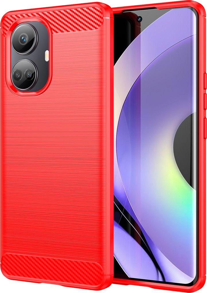 Realme 10 Pro+ Hülle, Carbon-Faser TPU Silikon Stoßfest Schutzhülle für Realme 10 Pro+ Rot