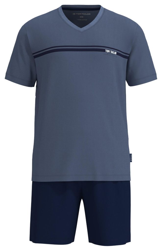 TOM TAILOR Herren Schlafanzug, kurz - Shorty, Pyjama, Baumwolle, V-Ausschnitt, Single Jersey Blau XXL